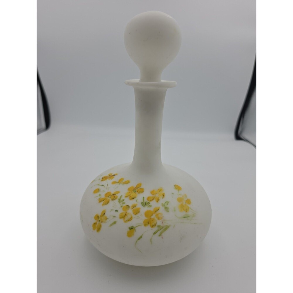 VtgFrosted Satin Glass Floral Decanter Bottle Yellow Flowers w/Stopper 8.5 in
